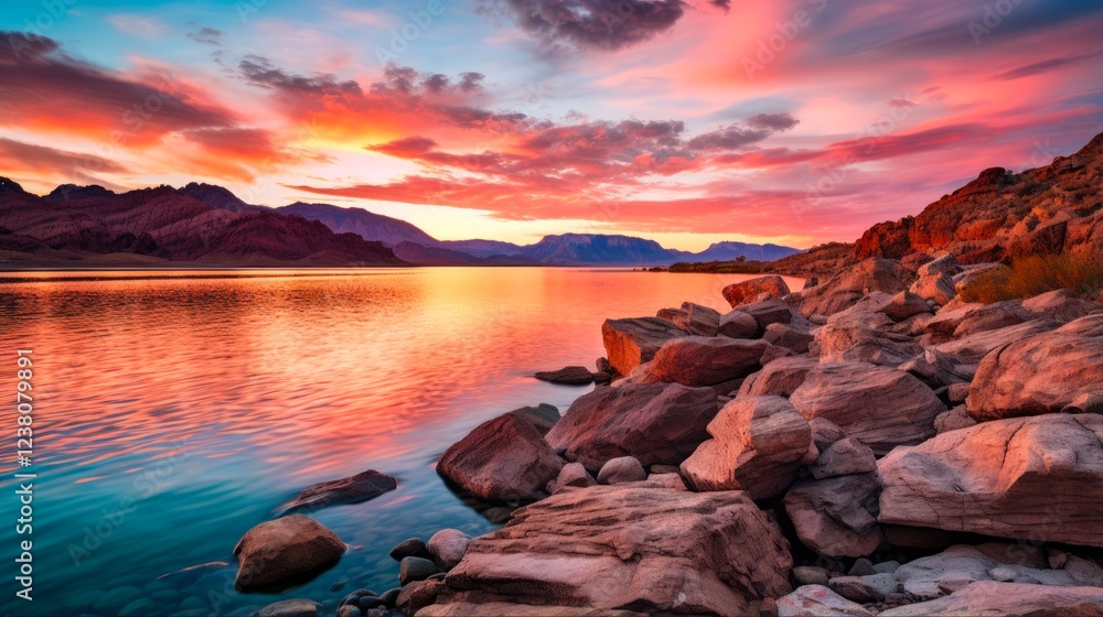 Fototapeta premium Twilight at Lake Mead National Recreation Area: Stunning Sunset Over Mountains and Rock Peaks Reflected on Calm Waters (16:9 ratio)