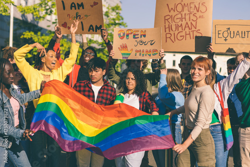 Diverse group of activists at an LGBTQ and women's rights protest photo