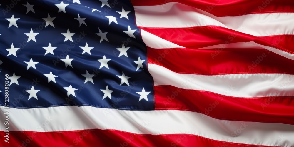 Obraz premium United States Flag Waving Proudly in the Wind with Blue Sky Background
