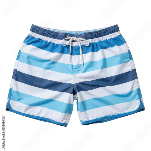 Colorful striped swim trunks, casual beachwear with blue and white patterns, perfect for summer outings, accessible for relaxation. Isolated on white background or PNG