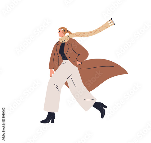 Confident woman walking in coat and scarf in wind. Stylish modern elegant female character in windy weather. Urban style fashion girl going. Flat vector illustration isolated on white background