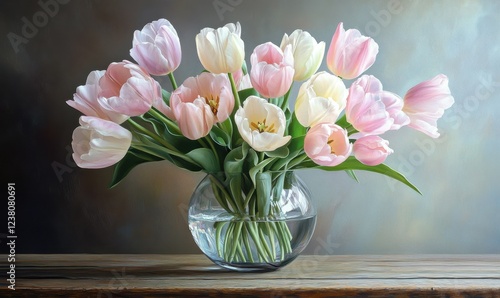 Wallpaper Mural Elegant pastel-colored tulips arranged in a glass vase on a rustic wooden table, their soft tones creating a serene and timeless setting Torontodigital.ca