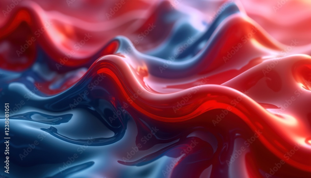 Obraz premium Abstract futuristic 3D graphic design. Red, blue liquid forms in waves, flowing patterns. Modern, dynamic background with vibrant colors. Suitable for various design projects. Ideal for tech fashion.