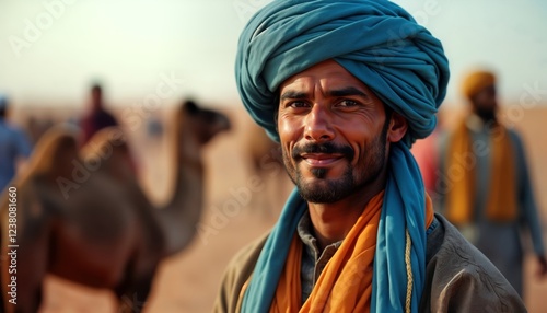 Berber man in traditional Tuareg clothing smiles at camel market in desert. Man wears colorful turban, shawl. Many camels in background. North Africa setting. Traditional culture, ethnicity in focus. photo