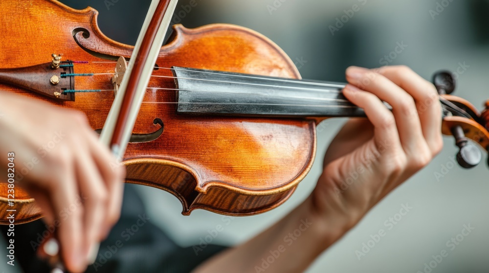 Close-up of skilled violinist musician hands play crafted violin. Rich wood craftsmanship instrument beauty. Bow glides expertly across strings, artistry. Musical passion. Music, art performance. Close-up of skilled violinist musician hands play crafted violin. Rich wood craftsmanship instrument beauty. Bow glides expertly across strings, artistry. Musical passion. Music, art performance.