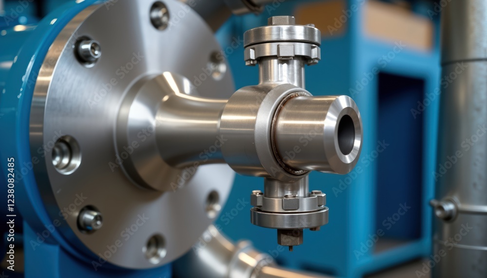 Industrial stainless steel piping flange valve component shows TIG welding. Precision metalwork, construction techniques evident. Manufacturing process, equipment details captured. Factory Industrial stainless steel piping flange valve component shows TIG welding. Precision metalwork, construction techniques evident. Manufacturing process, equipment details captured. Factory