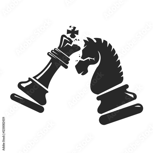 Chess pieces in silhouette, featuring a king and knight in a fighting position.