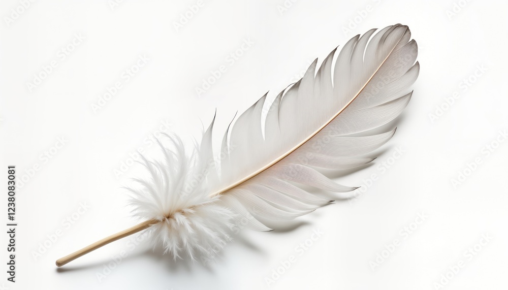 Obraz premium Soft white feather with delicate structure lies on plain white background. Detailed texture shows fine filaments, soft downy parts. Feather displays natural beauty. Image evokes feelings of purity,
