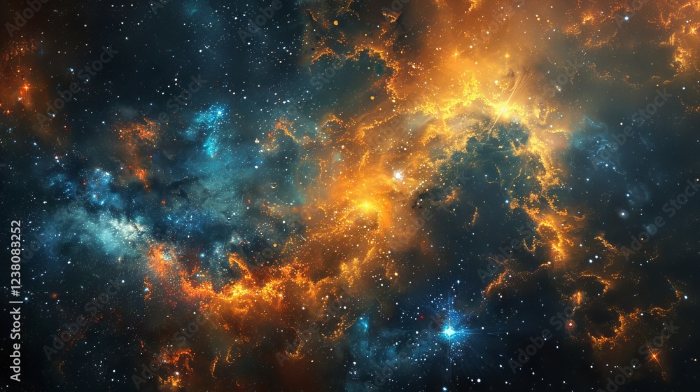 Fototapeta premium Spectacular cosmic nebula swirling with vibrant interstellar dust and glittering stars in the vast universe