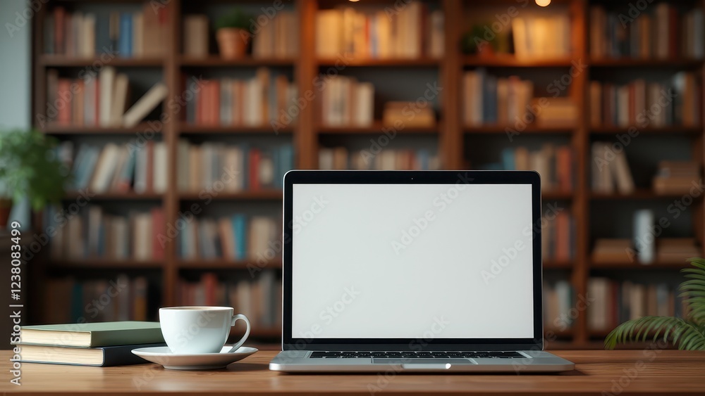 Laptop Mockup with Coffee Cup, Library setting laptop with e-book espresso cup Laptop Mockup with Coffee Cup, Library setting laptop with e-book espresso cup