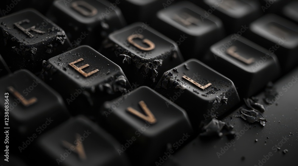 Upcycling environmental concept recycling technology. A close-up of a worn keyboard with some keys showing damage and residue, highlighting its age and wear. Upcycling environmental concept recycling technology. A close-up of a worn keyboard with some keys showing damage and residue, highlighting its age and wear.