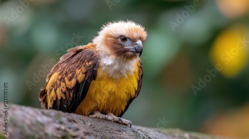 Yellow-headed Parrot perched on log, rainforest background; wildlife photography photo