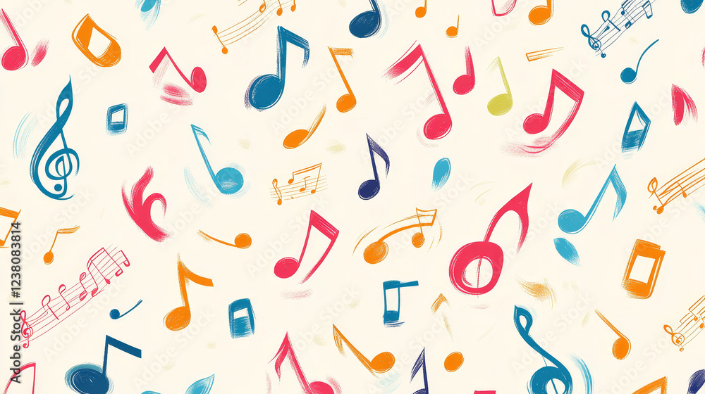 Musical notes seamless background with colorful pattern of musical staves, notes and treble clefs. May be used as festive decoration or music backdrop design Musical notes seamless background with colorful pattern of musical staves, notes and treble clefs. May be used as festive decoration or music backdrop design