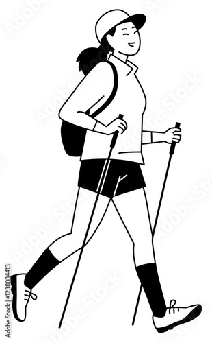 Young woman hiking with trekking poles