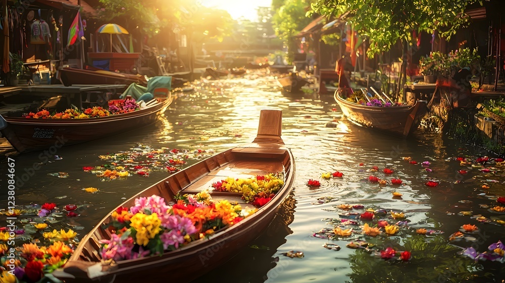 Obraz premium Idyllic Thai Riverside Scene with Vibrant Floating Flower Offerings Adorning Traditional Wooden Boats on the Tranquil Waterway