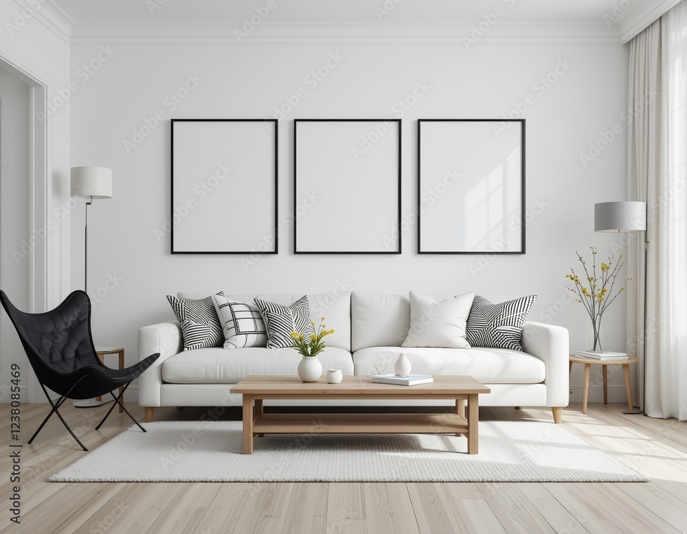 Obraz premium frame mockup, living room wall poster mockup, interior mockup with house background, interior design, 3D render