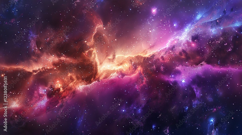 Fototapeta premium Spectacular cosmic nebula swirling with vibrant interstellar dust and glittering stars in the vast universe