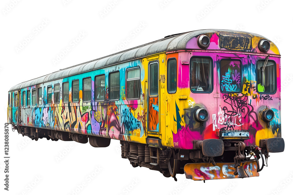 Obraz premium a Colorful graffiti-covered train isolated on a transparent background