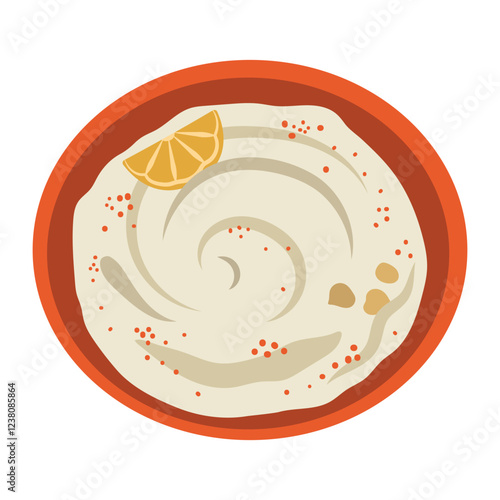 Hummus in a red plate, a slice of lemon and chickpeas. Isolated vector illustration in clip art style for your design