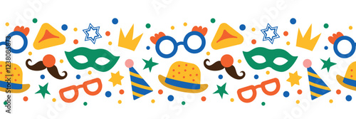 Purim seamless border. Carnival mask, clown nose, party cap and other festive elements. Vector illustration for card, textile, banner, background