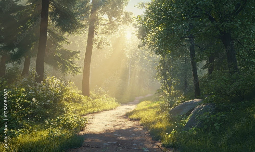 Obraz premium Forest trail illuminated by dappled sunlight streaming through tall trees, creating a magical and serene atmosphere