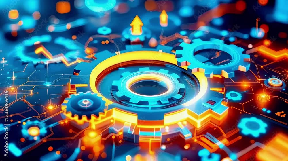 Futuristic digital gears and circuits illuminated in blue and orange, symbolizing technology and innovation Futuristic digital gears and circuits illuminated in blue and orange, symbolizing technology and innovation