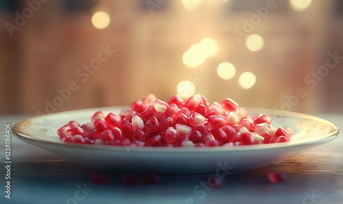 Fresh pomegranate seeds glistening on a ceramic plate with soft lighting for a vibrant and healthy snack concept