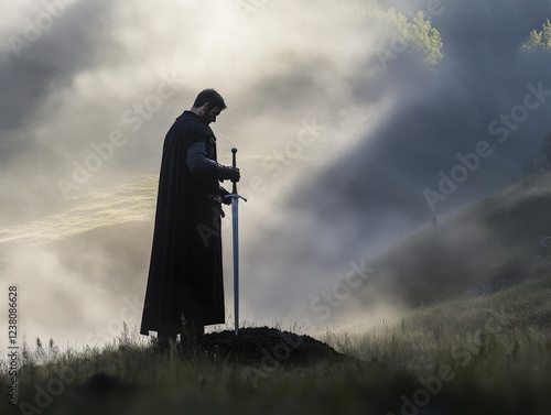 Fearless Medieval Knight Preparing for Battle at Dawn, Wearing Shining Armor and Holding a Sword photo