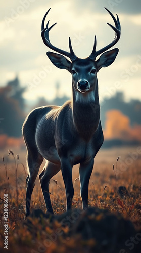 A deer stands in a sunlit meadow, rendered in a sophisticated and elegant style with intense dramatic weather. Rich burgundy and deep blue tones create high tension, contrasting with the deer's