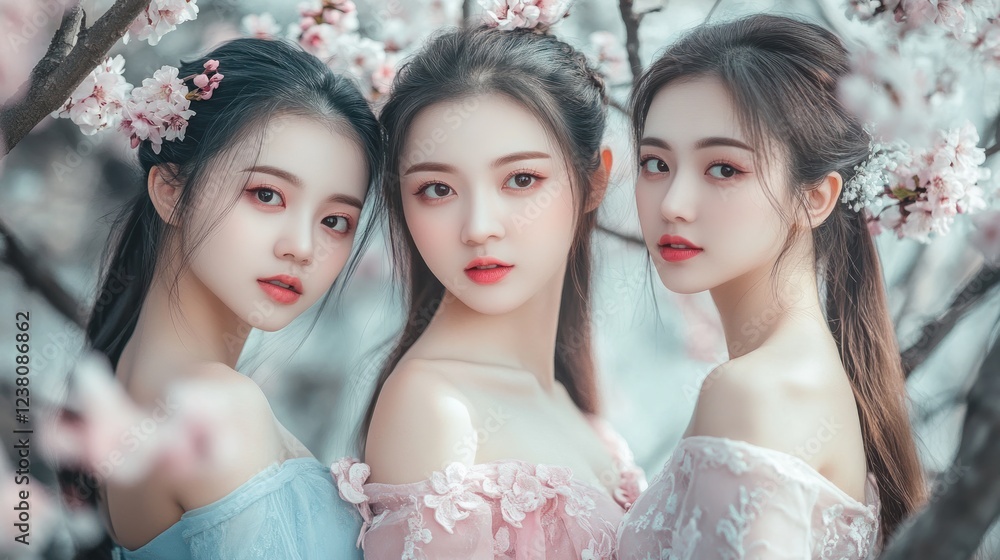 Naklejka premium Three Beautiful Women in a Garden of Cherry Blossoms