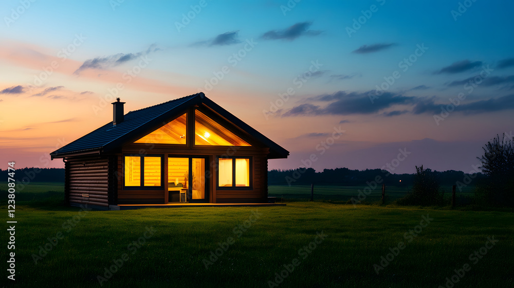 A small wooden log cabin in the countryside at dusk, with lighting inside and panoramic windows overlooking green fields and trees under the twilight sky A small wooden log cabin in the countryside at dusk, with lighting inside and panoramic windows overlooking green fields and trees under the twilight sky