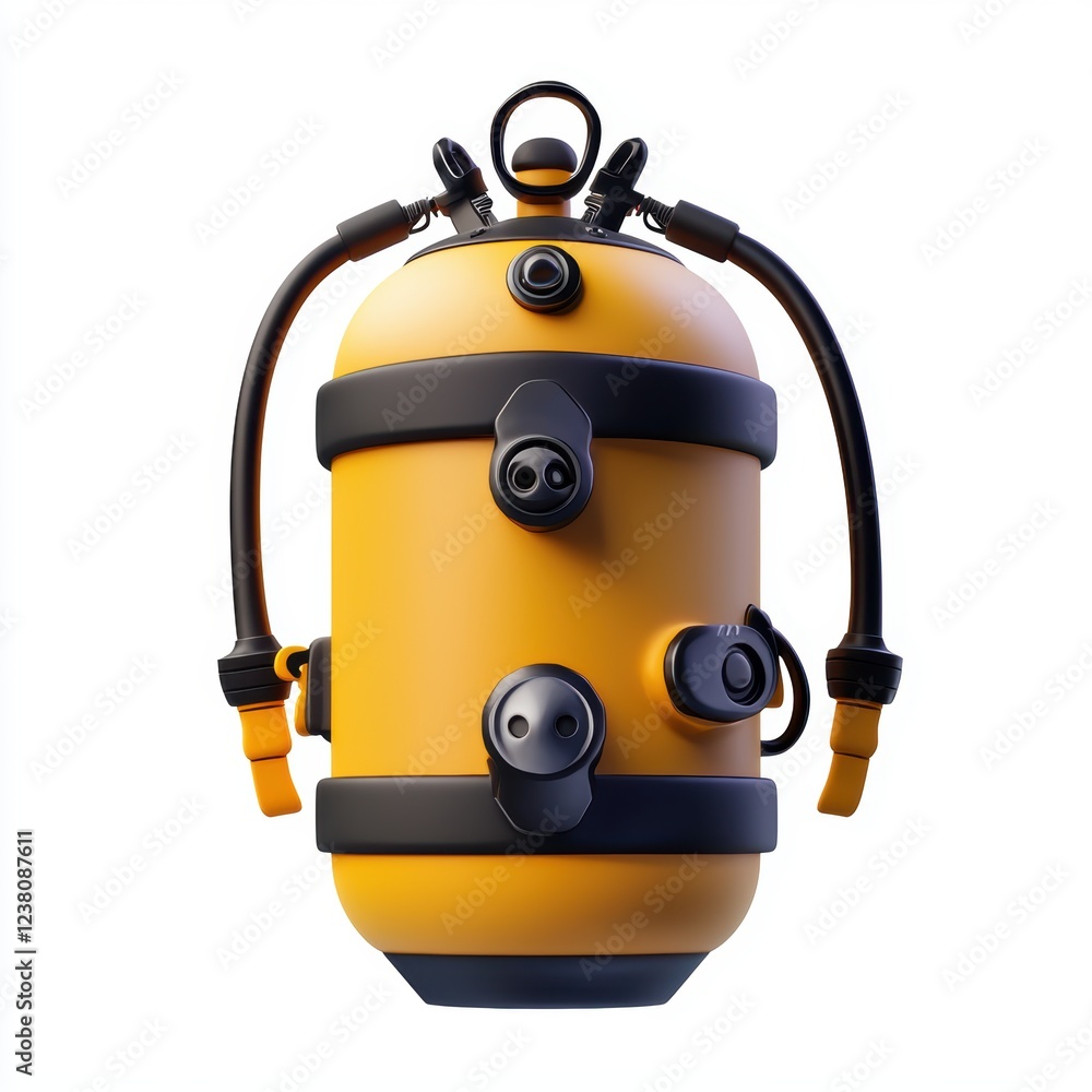 Scuba diving air tank with a regulator and harness straps, centered on a clean white background Scuba diving air tank with a regulator and harness straps, centered on a clean white background