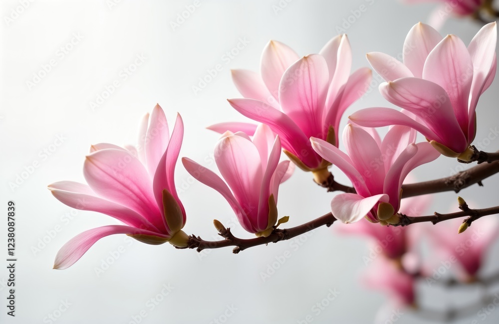Fototapeta premium Closeup view of delicate pink magnolia blossoms in springtime. Delicate flower petals, buds on tree branch. Beautiful springtime floral display. Natural beauty. Springtime. Nature. Magnolia flowers.