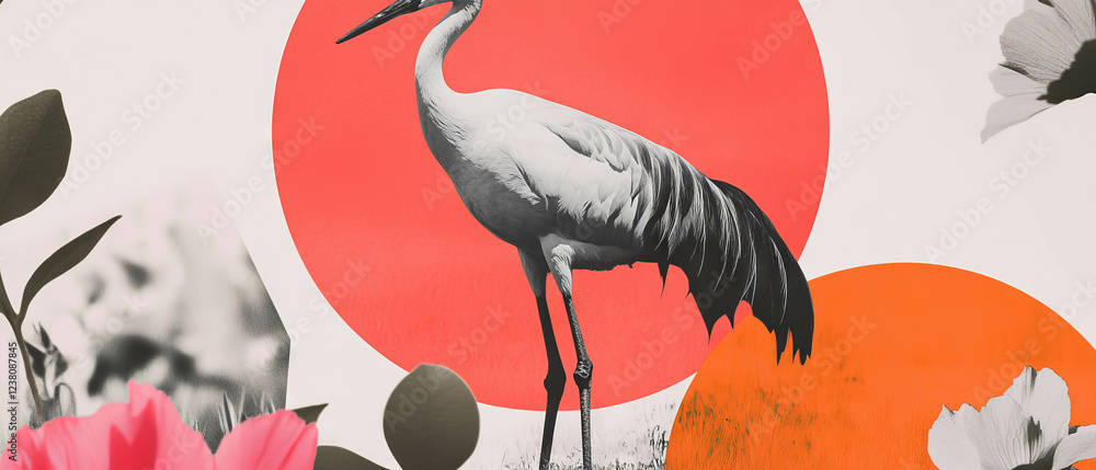 Fototapeta premium Minimalist collage featuring a crane in a marsh with geometric elements and floral accents