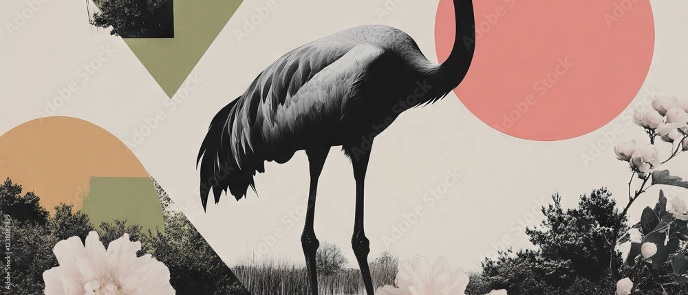 Fototapeta premium Minimalist collage featuring a crane in a marsh with geometric shapes and flowers