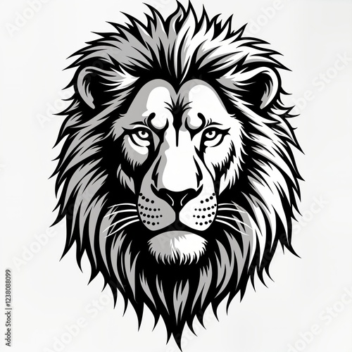 Powerful lion head illustration. Black, white design. Wild animal. Great for logos tattoos. Symbol of strength, royalty. Excellent for animal lovers. Creative artwork. Great for diverse commercial photo