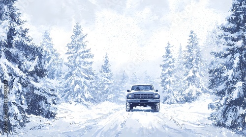 Stylized Pickup Truck Driving Through Snow Covered Evergreen Forest Landscape with Winding Mountain Road photo