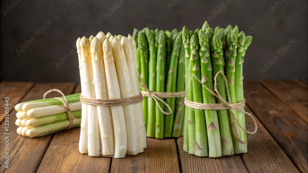 Bundles of white and green asparagus tied with twine on a rustic wooden table Bundles of white and green asparagus tied with twine on a rustic wooden table
