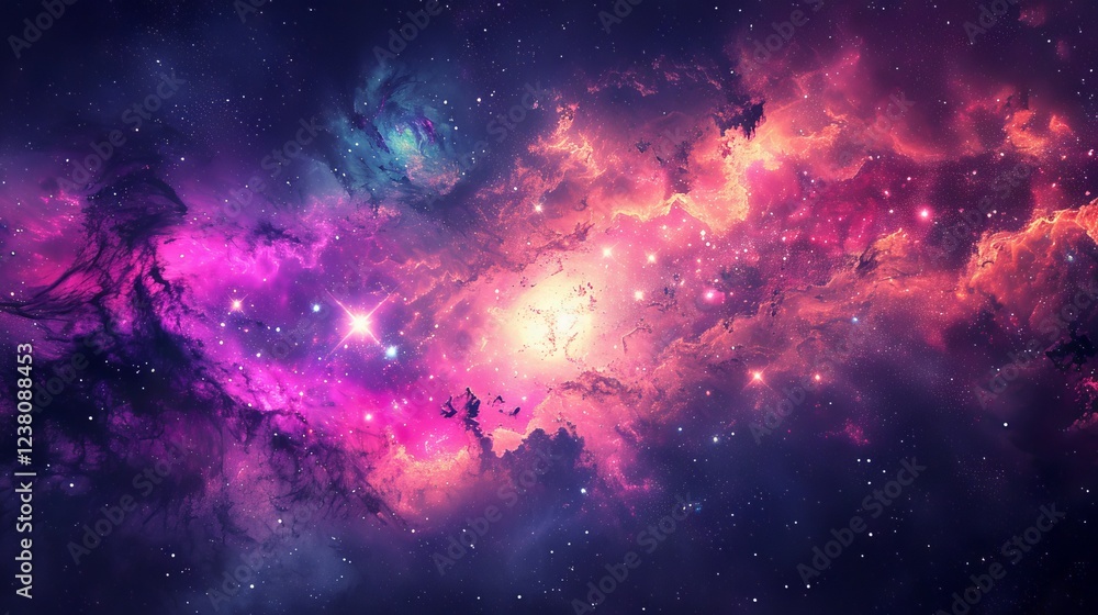 Fototapeta premium Spectacular cosmic nebula swirling with vibrant interstellar dust and glittering stars in the vast universe