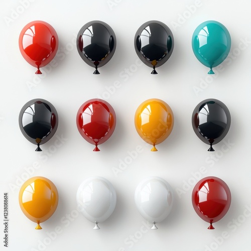 set of floating helium balloons in different colors, centered on a clean white background