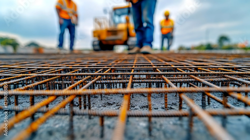 Construction workers inspect steel reinforcement mesh on construction site, showcasing teamwork and safety in building infrastructure