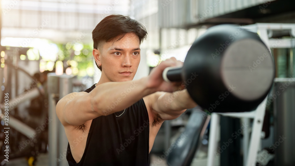 A determined and strong Asian man is working out with a kettlebell, exercising in the gym. A determined and strong Asian man is working out with a kettlebell, exercising in the gym.