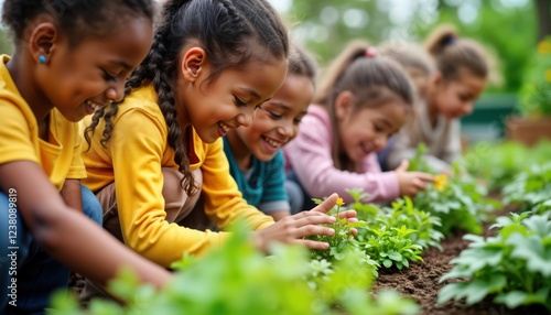 Fototapeta Naklejka Na Ścianę i Meble -  Children happily tend plants, flowers in community garden. Kids actively planting, exploring new garden. Show great enthusiasm, joy in garden activity. Community spirit, teamwork evident as children