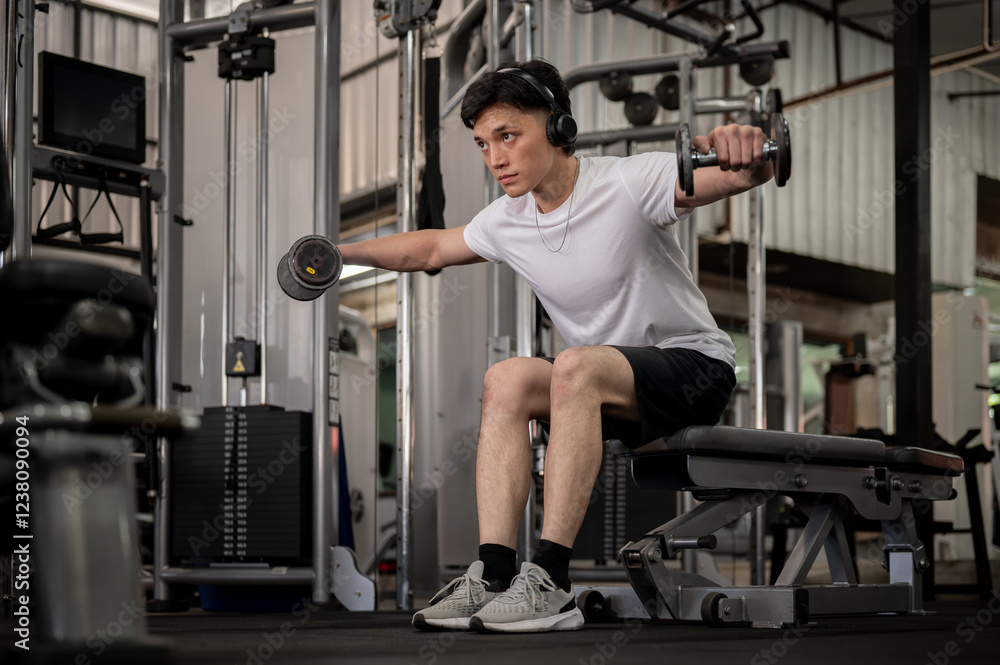 A determined Asian man sits on a fitness bench, working out with dumbbells in the gym. A determined Asian man sits on a fitness bench, working out with dumbbells in the gym.