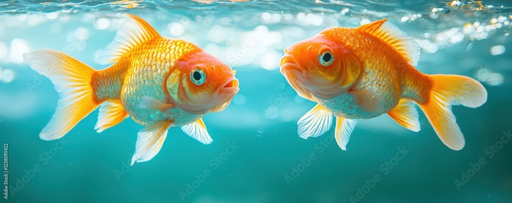 Innovative animal technology veterinary concept. Two vibrant goldfish swim gracefully in clear blue water, showcasing their bright orange scales and fins. Innovative animal technology veterinary concept. Two vibrant goldfish swim gracefully in clear blue water, showcasing their bright orange scales and fins.