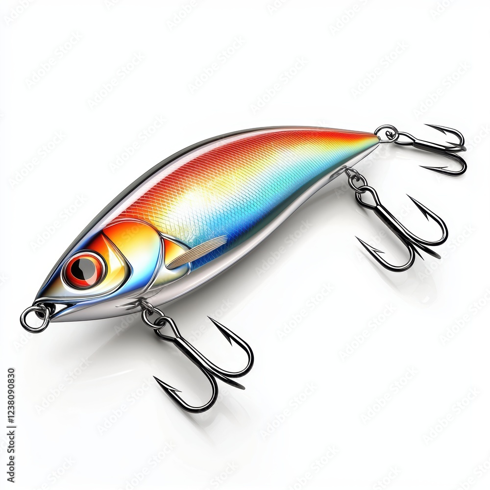 Shiny metallic fishing lure with treble hooks, isolated on a clean white background Shiny metallic fishing lure with treble hooks, isolated on a clean white background