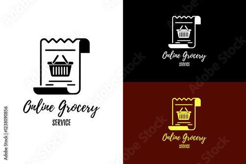 illustration of a shopping receipt with grocery basket, lines, online grocery, online delivery, organic food market, butcher market, farmers market, supermarket, superstore, vector, logo, abstract