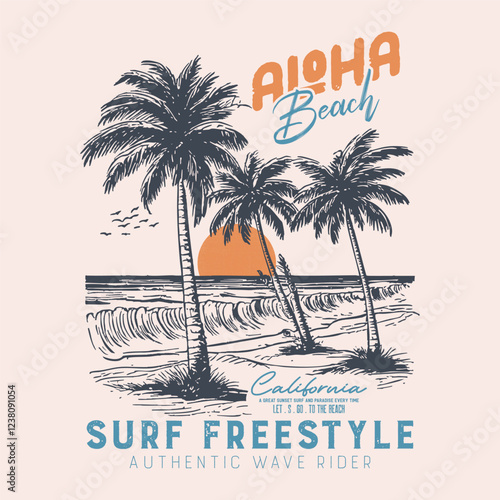 Aloha beach vintage t-shirt print design, Surfing Miami. palm tree. big waves. sunset vibes, Florida. beach graphic. girls vector graphics. hand drawn artwork.holiday recreation, Tropical summer beach