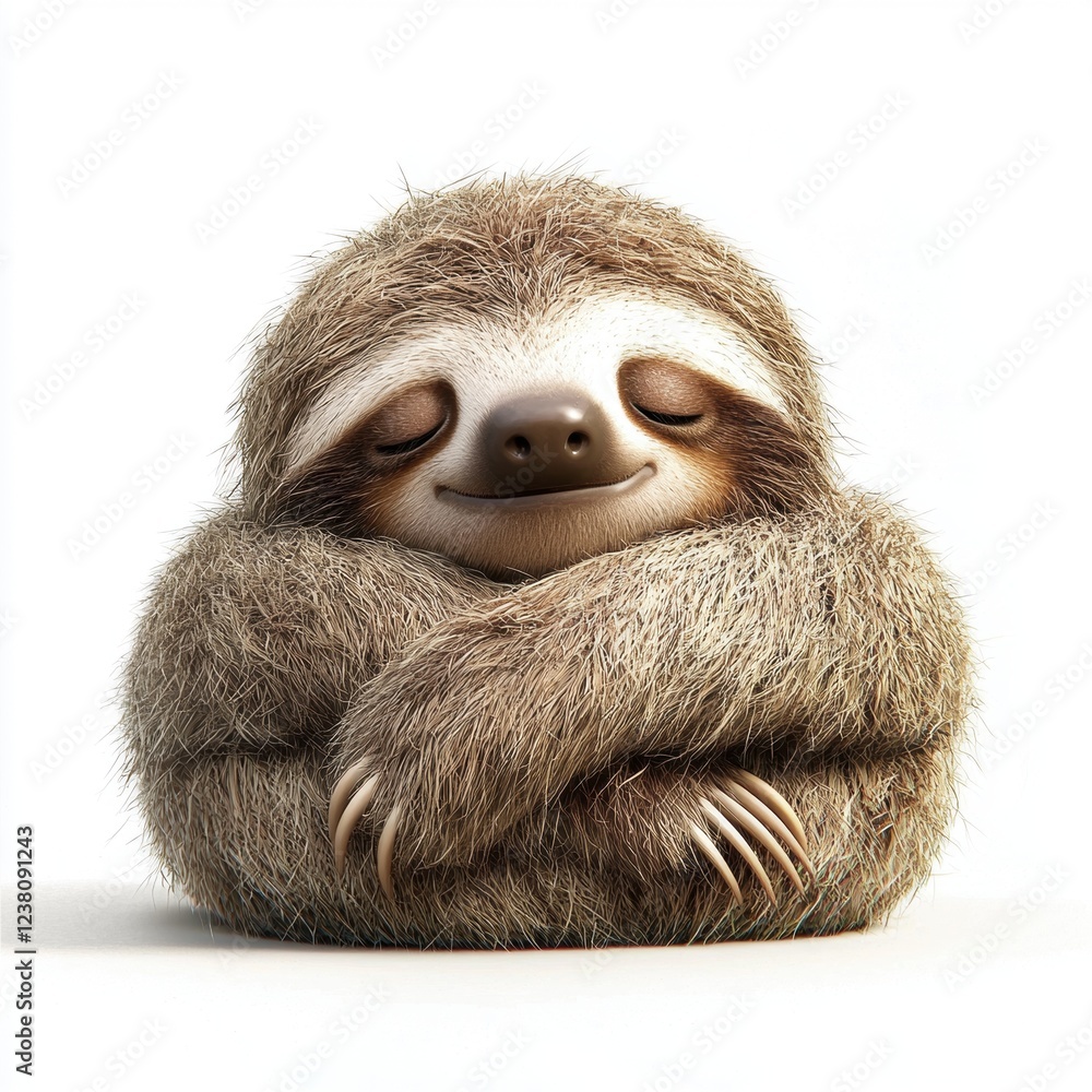 Fototapeta premium Shy sloth plush with long arms and a sleepy face, isolated on a clean white background