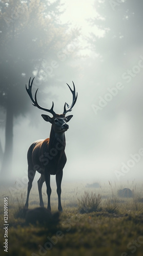 A deer, rendered in an epic, grand scene, stands in a sunlit meadow, surrounded by thick fog that reduces visibility.  Modern, futuristic elements merge with heroic elements to highlight the ma